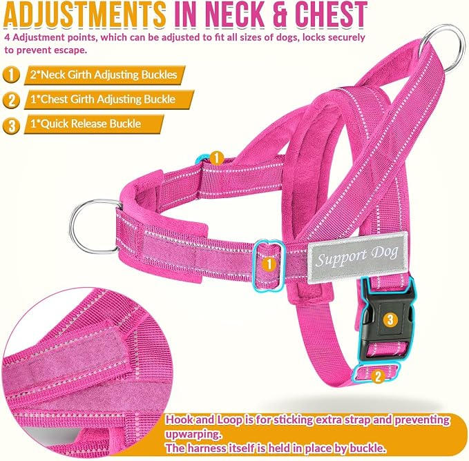 SlowTon No Pull Dog Harness with Front Clip - Heavy Duty, Soft Padded | Neck & Chest Adjustable, Tactical Pet Vest and Leash Set for Large Medium Sized Dogs, for Easy Walk & Training, Fuchsia XL