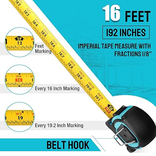 DURATECH Magnetic Tape Measure 16FT with Fractions 1/8, Retractable Measuring Tape, Easy to Read Both Side Measurement Tape, Magnetic Hook and Shock Absorbent Case for Construction, Carpenter