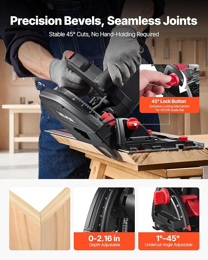 VEVOR Track Saw, 6-1/2-Inch, Plunge-Cut Circular Saw Kit, Tracksaw with 48-Tooth Carbide-Tipped Blade, 0-45° Angle Adjustment, 2.16 in Cutting Depth, for Wood, Plastic, Guide Rail Not Included, Black