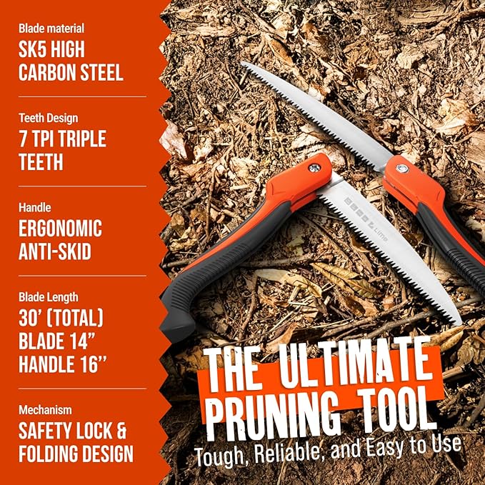 Folding Camping saw 14 Inch - Heavy Duty Pruning Saw with Triple-Cut SK5 Blade, 7 TPI Razor Teeth for Tree Trimming, Wood Cutting, Camping, Bushcraft, and Gardening