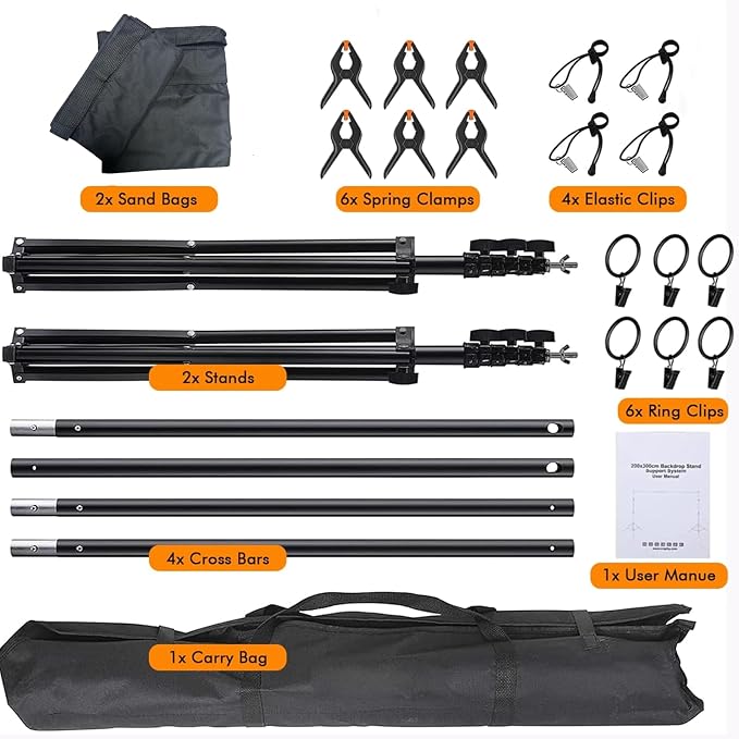 Backdrop Stand, Photo Video Studio 8.5 x10ft Adjustable Background Support System Kit with 2 Sandbag, 6 Backdrop Spring Clamp and Carry Bag for Photoshoot, Parties, Baby Shower, Birthday, Wedding