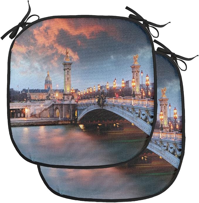 Lunarable Paris Chair Cushion Pads Set of 2, Alexandre III Bridge Paris France Palace Warm Color Peaceful Waterscape, Anti-Slip Seat Padding for Kitchen & Patio, 16"x16", Coral Dark Blue Tan