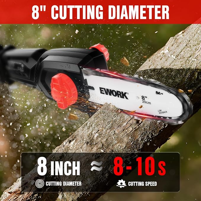 EWORK Electric Pole Saws for Tree Trimming 20V 8-Inch Cordless Pole Chainsaw, Extension to 14.8-Ft, 4-Angle Adjustable Head, Tool-Free Tensioning with 2x2.0Ah Battery & Fast Charger