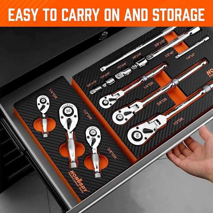 HORUSDY 3 Piece 90T Stubby Ratchet Handle Set, 1/4" 3/8" 1/2" Drive Mini Socket Wrench, Compact Reversible Ratchets for Tight Spaces, Car & Home Repair, DIY, Mechanic Tool