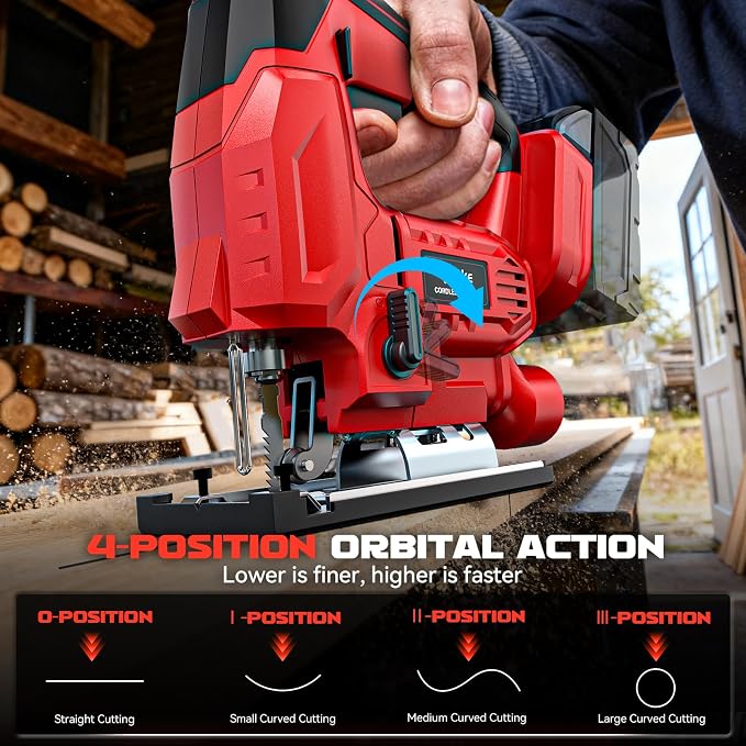Ecarke Cordless Jig Saw Compatible With Milwaukee 18V Battery, 4 Orbital Sets, 6 Variable Speeds Control, Dust-Blowing, ±45° Bevel Cuts, LED Light & 6PCS Blades for Straight Curve Cutting, Tool Only