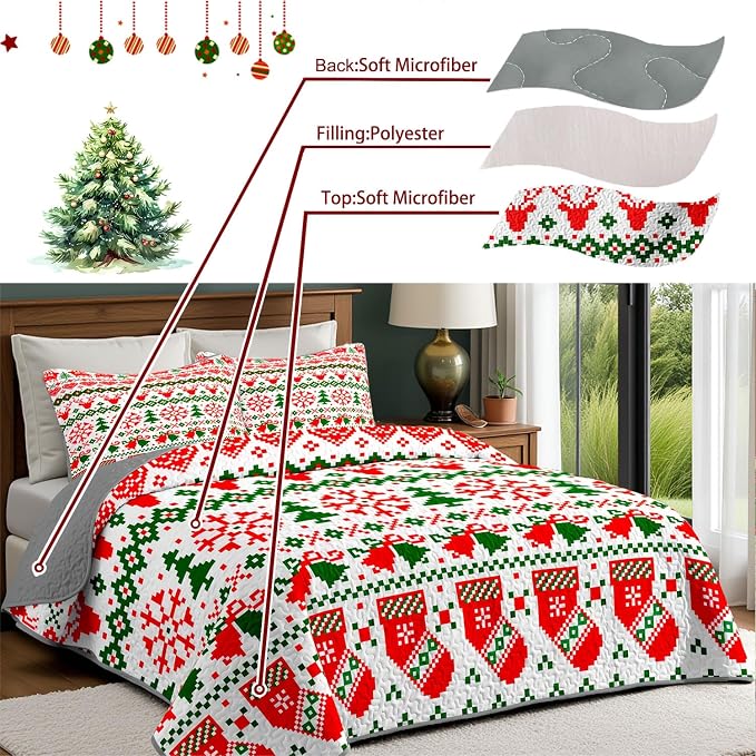 Merry Christmas Boho Red Quilt Set King- Socks Deer Snowflakes Christmas Bell Printed Holiday Bedding Set - Soft Microfiber Lightweight Comforter Coverlet Bedspread(Socks, King(90"x104"))