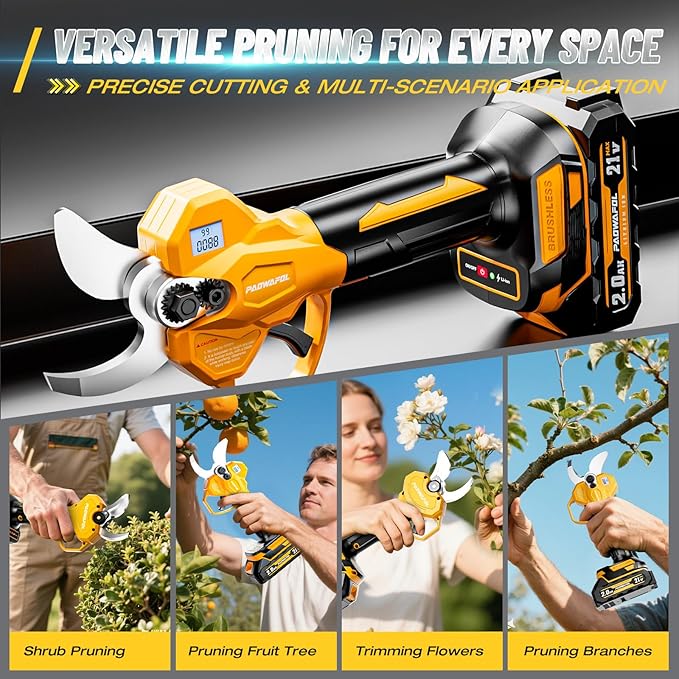 2.05"/ 53mm Electric Pruning Shears, Cordless Electric Scissors LCD Display＆SK7 Blades, 21V Brushless Motor Branch Cutter with 2 PCS Rechargeable 2000mAh Batteries & 2 Blades (Yellow)
