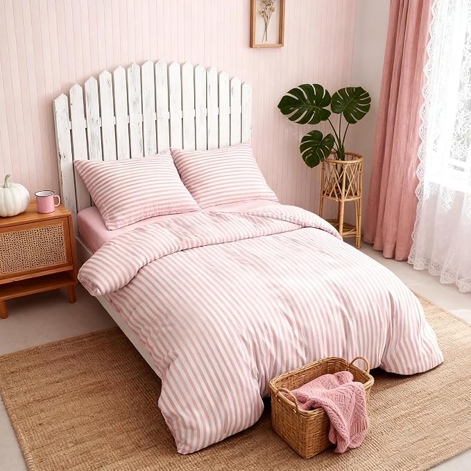 Sedefen Striped Duvet Cover Full Size Pink Stripe Geometry Bedding Set for Girls 3 Pieces Soft Microfiber Reversible White Geometric Stripes Comforter Cover with Zipper Closure and 2 Pillowcases
