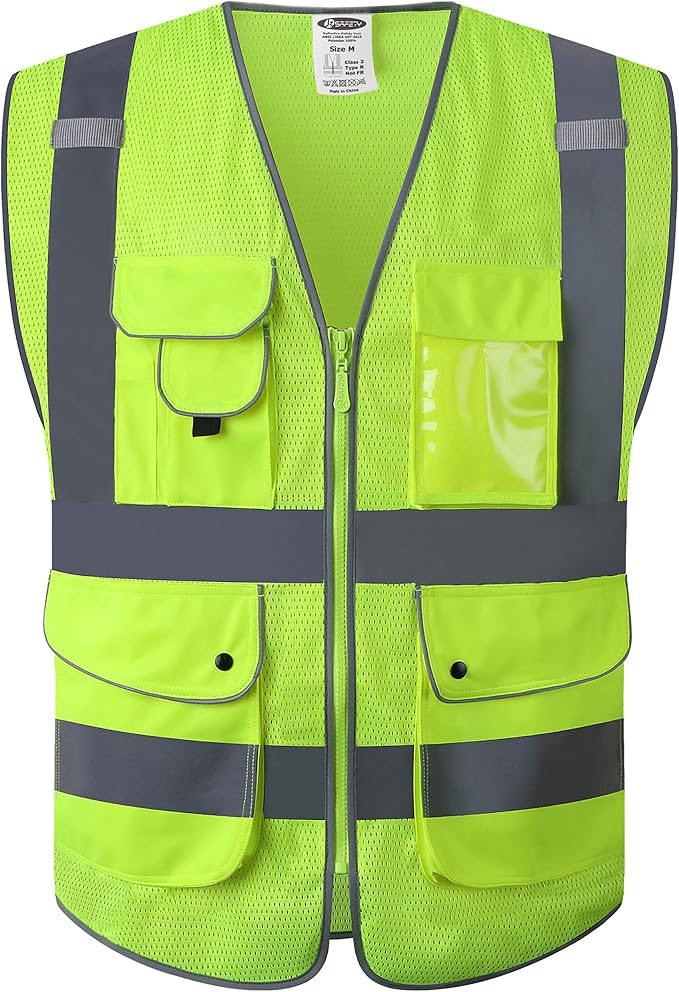 JKSafety 9 Pockets High Visibility Safety Vest for Men and Women, Hi-Vis Reflective Yellow Safety Vests with Zipper Front, Meet ANSI/ISEA Class 2 Type R(159-Yellow M)