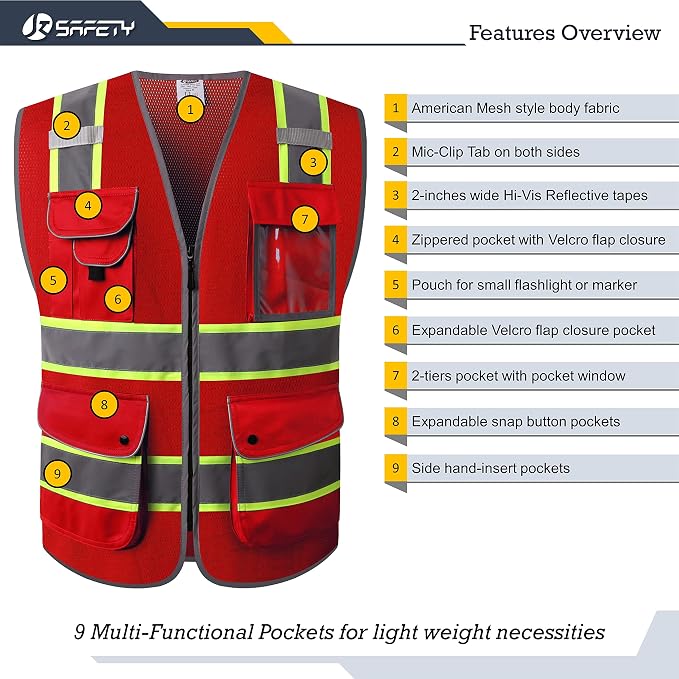 JKSafety 9 Pockets Hi-Vis Neon Red Zipper Front MESH Safety Vest with Fluorescent Yellow Extend Edge outlining the Reflective Tapes Meet ANSI/ISEA Class 2 Standard (100-Red, 4X-Large)