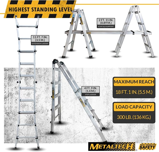 Metaltech E-MTL7100AL Jobsite Series 18-ft.-Reach Aluminum Telescoping Multi-Position Step Ladder for Home Improvement and Construction, Multipurpose Extension Ladder, Step Ladder, Scaffolding Support