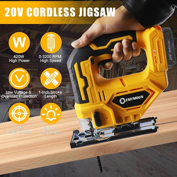 Cordless Jig Saw Compatible with Dewalt 20V Max Battery, Jigsaw For 3 Orbital Settings, 3200RPM, 0-45° Bevel Cuts, Jigsaw Tool with LED Light (Battery Not Included)