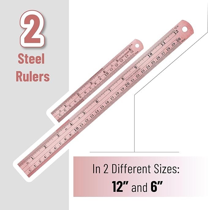 Mr. Pen- Metal Straight Edge Ruler, 2 Pack, 6" and 12", Rose Gold, Stainless Steel Ruler Set, Imperial & Metric Measurements for Drawing, Home, Office, Engineering