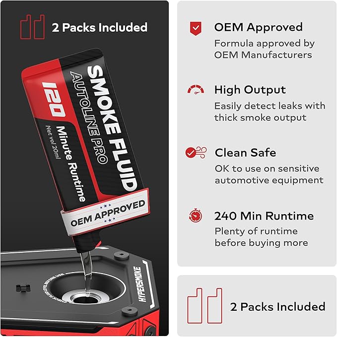 AutoLine Pro HyperSmoke™ Automotive Smoke Machine EVAP Vacuum Leak Tester – Adjustable Pressure – OEM Approved Smoke Fluid – Built-in Air Compressor Motor - Includes Smoke Fluid x2.