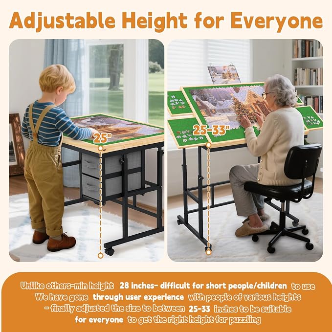 Jigsaw Puzzle Table with Drawers × 6,1500pcs Adjustable Height and Five up Angles Puzzle Tables for Adults with Drawers,Cover,Wheels for Indoor Game in Winter(Green)