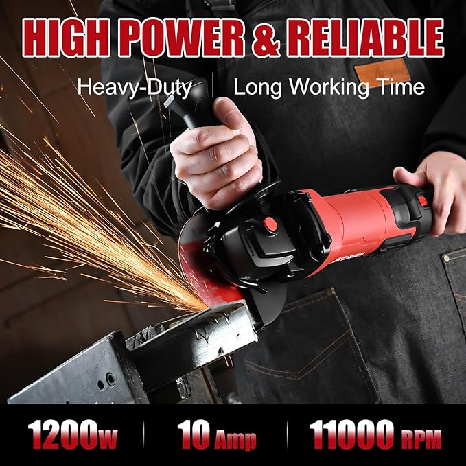 AOBEN 1200W Angle Grinder 4-1/2 inch | 10Amp, 11000 RPM, 6-Speed Corded Power Electric Cut off Tool with Switch Lock | for Heavy Duty Work & Metal Cutting, Grinding & Polishing