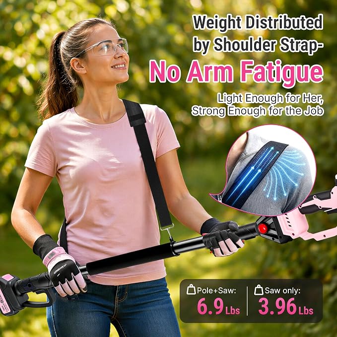 Pink 2-in-1 Cordless Pole Saw for Tree Trimming, 6-Inch Mini Chainsaw with Extension Pole, Battery Powered Pruning Saw for Small Branches, 2 x 4000mAh Batteries, Brushless Motor, Auto Oiler