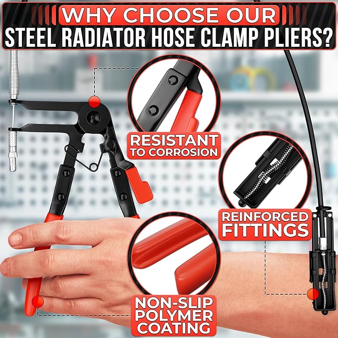 Hose Clamp Tool – Radiator Hose Clamp Pliers Automotive Tool – Corrosion-Resistant Carbon Steel with Ratchet Locking Mechanism – Controlled One-Hand Operation for Tight Engine Cooling System Repairs