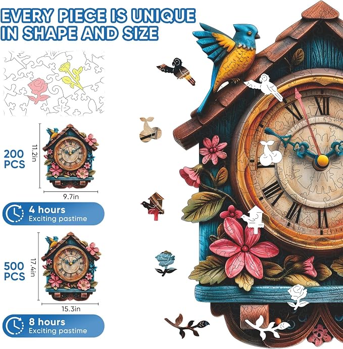 Pikoqunc Puzzles for Adults, Pink Clock House 200 Pieces Jigsaw Puzzle, Unique Shaped Wooden Puzzles, Fun Family Game, for Mom Grandma, Friends & Family 9.8'' x 11.2''
