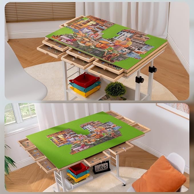 Tektalk 2000 Piece Foldable Puzzle Board with Height Adjustment, Jigsaw Puzzle Table with 2 Felt Cover & 8 Sorting Trays/Drawers, Puzzle Easel with Legs, Enclosed with 4 Roller Wheels (Green)