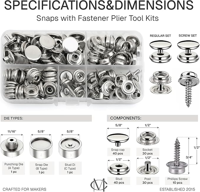 CRAFTMEMORE Heavy Duty Snap Fastener Kit, Adjustable Snap Setter Tool with 40 Sets Metal Snaps, Installation Tool for Boat Covers, Canvas, Tarps