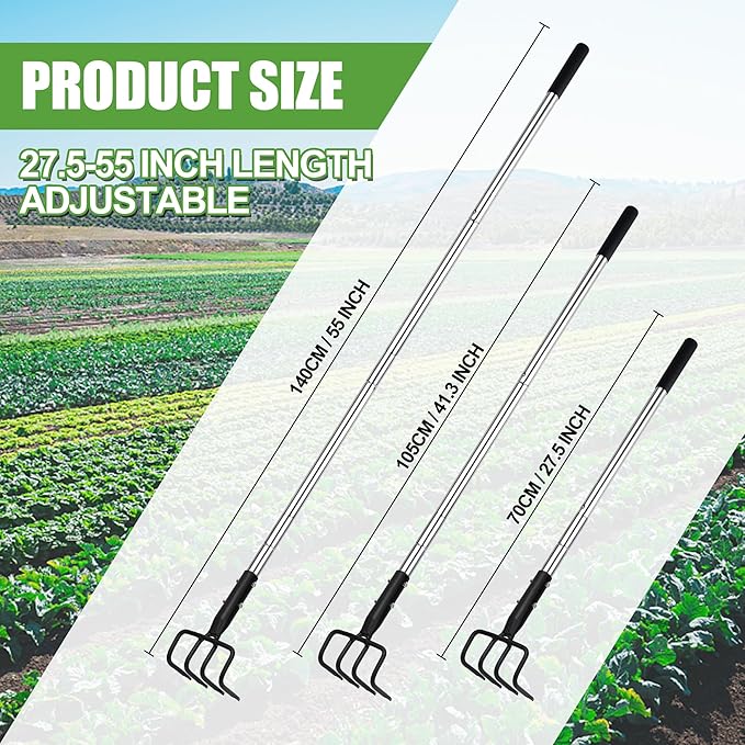 BARAYSTUS Long Hand Cultivator, Carbon Steel & Stainless Steel Tiller Cultivator, Garden Cultivator with Telescopic Handle and Soft Handle Cover, Hand Tiller for Digging Loosening Weeding