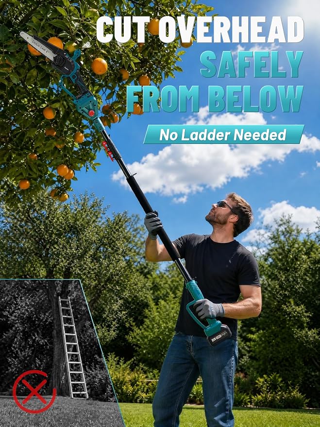 2-in-1 Electric Pole Saw for Tree Trimming,8'' Mini Chainsaw Cordless with Extension Pole,LED Light for Dim Environment, Battery Powered Pole Chainsaw for Tree Trimming 2x4.0Ah Rechargeable Batteries.