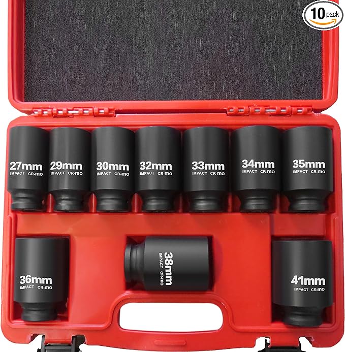 TONYNOL 1/2" Drive Deep Impact Socket Set,10 PCS,Metric (27mm to 41mm) | 6-Point,Cr-Mo Steel,Heavy Duty Impact Socket Set,With a Storage Case