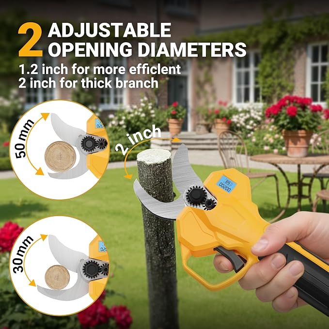 Electric Pruning Shears, Cordless Power Pruner with 2 Inch Cutting Diameter, LCD Display, Brushless Motor & 2×2.0Ah Batteries for Tree Branches & Garden