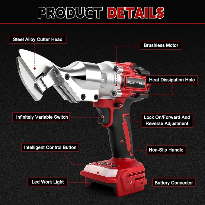 133 ft·lb High Torque Brushless Electric Metal Shears for Milwaukee 18V M18 Battery, 1600RPM Cordless Sheet Metal Power Cutter, 14 Gauge Cutting Capacity, Professional Bare Tool Only