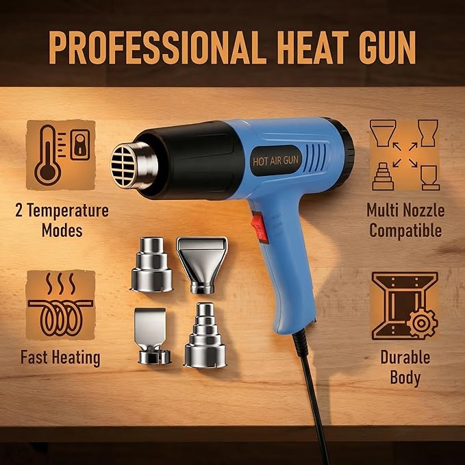 Heat Gun, 572-1112°F Dual Temperature, 2-Speed Switch, 110V with 4Pcs Nozzles, Built-in Overload Protection, 4.9FT Long Cord, for Heat Shrink Tubing, Electronics Repair and Packaging (Standard) (Blue)