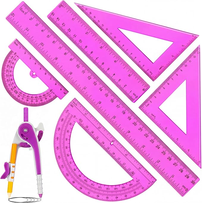 Zonon 1 Set Plastic Geometry Math Set 7 Pcs Includes 6'' / 4 '' Protractor, Drawing Compass, 45/60 Degree Triangle Rulers, 12'' / 6'' Math Ruler Transparent for Office Supplies(Purple)