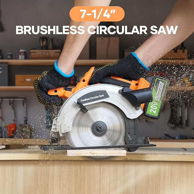 20V 7-1/4-inch Cordless Circular Saw, 4.0Ah Battery Powered Brushless Motor, 45° Bevel Capacity, Max Cutting Depth 2-7/10-inch (90°), 2-inch (45°), Electric Circular Saw for Wood, Plastic Cutting