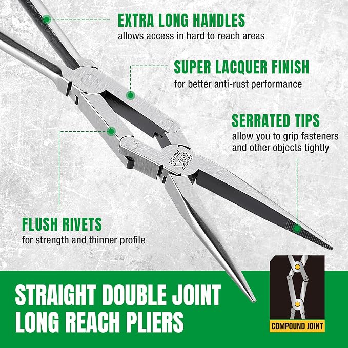 SK 13'' Long Needle Nose Pliers, Double Compound Straight Long Nose Pliers