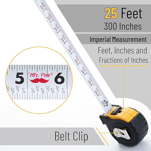 Mr. Pen- Retractable Tape Measure 25 ft, 2 Pack, Yellow, Easy Read, Steel Retractable Measuring Tape with Fractions, Ideal for Construction & DIY Projects