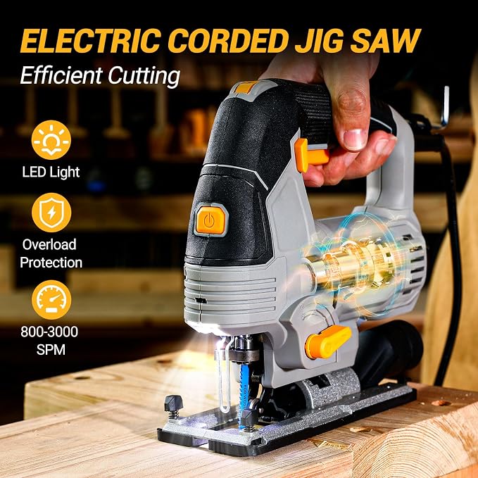 6.7-Amp Jig Saw Corded: Electric Jigsaw Tool Power Jig Saws for Wood Cutter with 6 Variable Speed Up to 3000 SPM, 4 Orbital Settings, LED Light & ±45° Bevel Cutting, Tool-Free Blade Change
