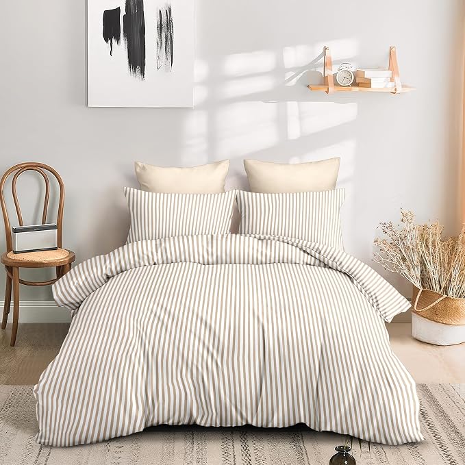 Sedefen Striped Duvet Cover Queen 3 Pcs Brown Stripe Geometry Bedding Set for Girls Soft Microfiber Reversible White Geometric Stripes Duvet Cover Set with Zipper Closure and 2 Pillowcases