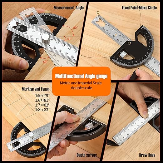 Protractor Angle Finder Stainless Steel Angle Ruler with 0-180 Degrees Adjustable Angle Square 8-Inch Woodworking Ruler for Woodworking/Carpenter/Construction/Measurement/Hobbyists