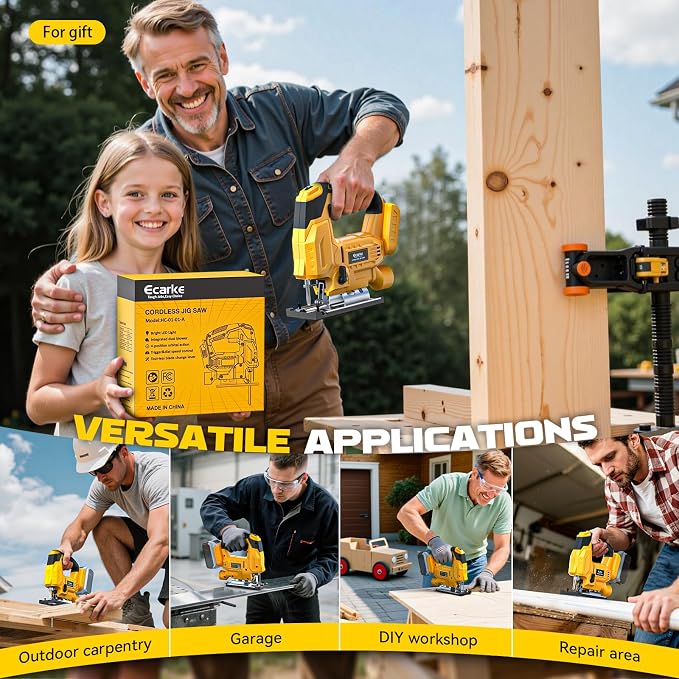 Ecarke Cordless Jig Saw Compatible With Dewalt 20V Battery, 4 Orbital Sets, 6 Variable Speeds Control, Dust-Blowing, ±45° Bevel Cuts, LED Light and 6PCS Blades for Straight Curve Cutting, Tool Only