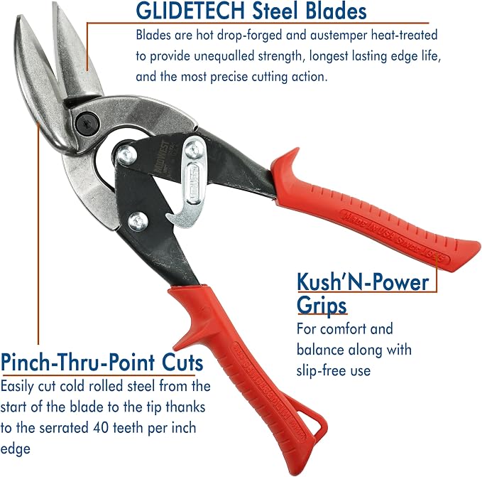 MIDWEST Aviation Snip Set - Left, Right and Straight Cut Offset Tin Cutting Shears with Forged Blade & KUSH'N-POWER Comfort Grips - MWT-6510RLS