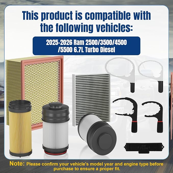 2025-2026 6.7 Cummins Filter Kit with 4.6'', 5'', 6'', 8'' Filter Wrench | Fits 2025+ Ram 2500/3500/4500/5500 Turbo Diesel, Replaces 68677800AA, 68677810AA, 68645327AA, 68548579AA