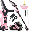 Pink 2-in-1 Cordless Pole Saw for Tree Trimming, 6-Inch Mini Chainsaw with Extension Pole, Battery Powered Pruning Saw for Small Branches, 2 x 4000mAh Batteries, Brushless Motor, Auto Oiler