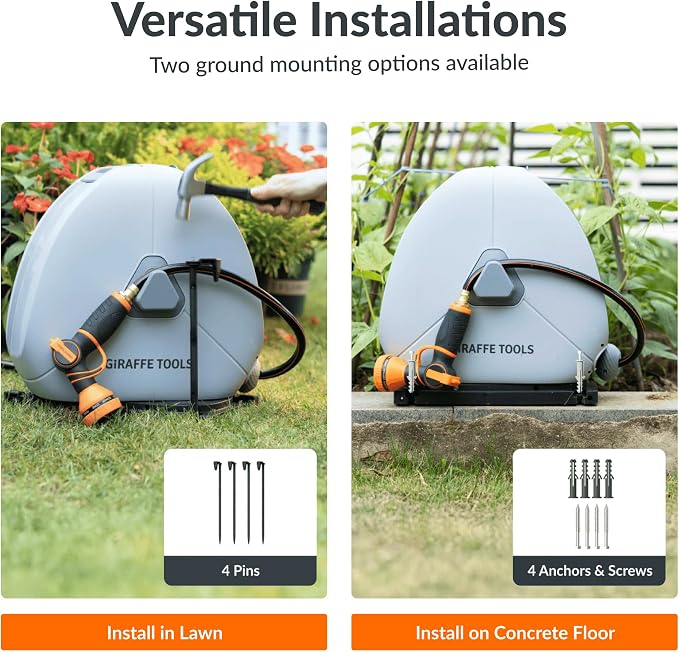 Giraffe Tools Retractable Heavy Duty Hose Reel, 1/2" x 82FT Automatic Rewind Garden Hose Reel with 360° Swivel Base, Ground Mounted for Lawn, Patio, Concrete Floor & Yard Watering