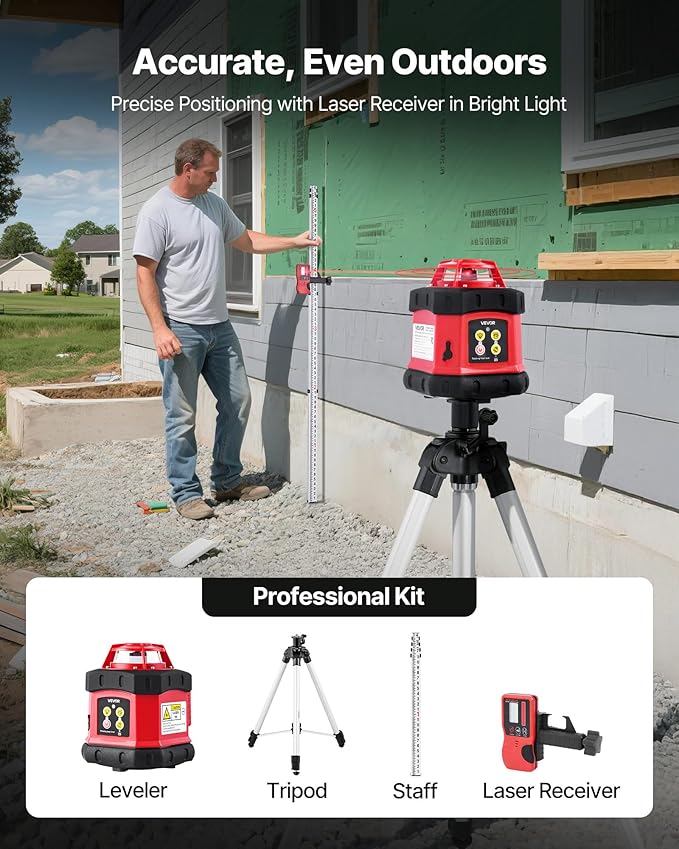 VEVOR Rotary Laser Level Kit, 984ft 360-Degree Self Leveling Red Horizontal Laser Transit,with Tripod,Receiver,Remote Control, Scale, Toolcase, IP54 Waterproof, 0.12in/100ft Precision for Construction