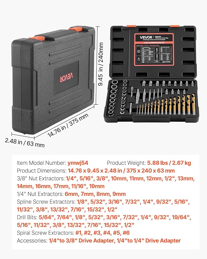 VEVOR Bolt Extractor Kit, 54 Pieces Easy Out Screw Extractor Set, Left Hand Drill Bit Set, Multi-Spline Extractors, for Removing Damaged, Stripped, Broken, Rusted, Rounded-Off Bolts, Nuts & Screws