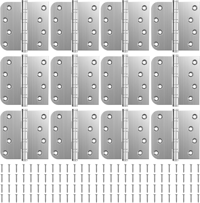 KOLET Ball Bearing Door Hinges, 4 x 4 Inches Stainless Steel Hinges, Exterior Door Hinges, Square and 5/8'' Radius Corner, Smooth and Quiet, Non Removable Pin, Brushed Nickel, 12 Pack