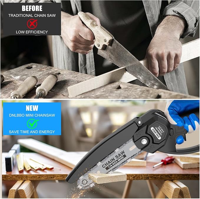 Mini Chainsaw - 6 Inch Battery Chainsaw with 2 Batteries, Garden Tools for Tree Branch Trimming, Wood Cutting, Holiday Gifts for Men, Fathers & Gardening Enthusiasts