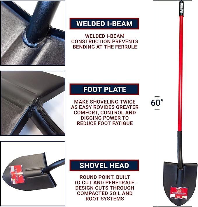 Bully Tools Round Point Heavy Duty Shovel - 12-Gauge Fiberglass Long Handle, Strong Metal Construction, Ideal for Gardening, Digging and Landscaping, Square and Flat Head Design - 100% Made in the USA
