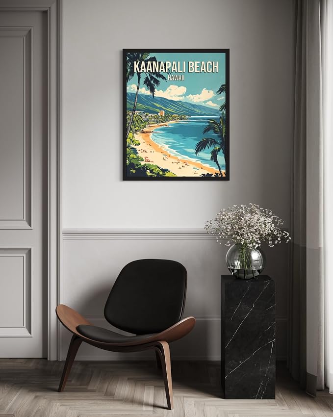 Kaanapali Beach Hawaii Black Framed Wall Art Print Poster, US Vintage Retro Beach Scenery Posters Prints for Restroom Home Picture Painting Artwork Gallery 219 (Kaanapali Beach Hawaii, 16 x 20 inches, Black Frame)