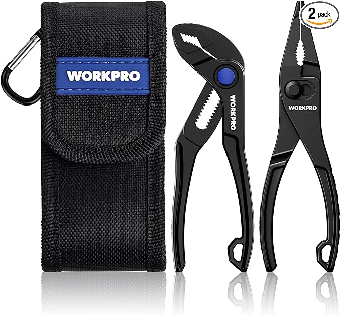 WORKPRO 2-Piece Mini Pliers Set with Pouch, 4-Inch Water Pump Plier & 4.5-Inch Long Nose Slip Joint Plier, Heavy-Duty Alloy Steel Mini Adjustable Plier, EDC Pliers for Tight Spaces & Versatile Use